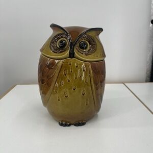 Metlock Poppy Trail Owl Ceramic‎ Cookie Jar Glazed Brown Yellow Vintage 60s